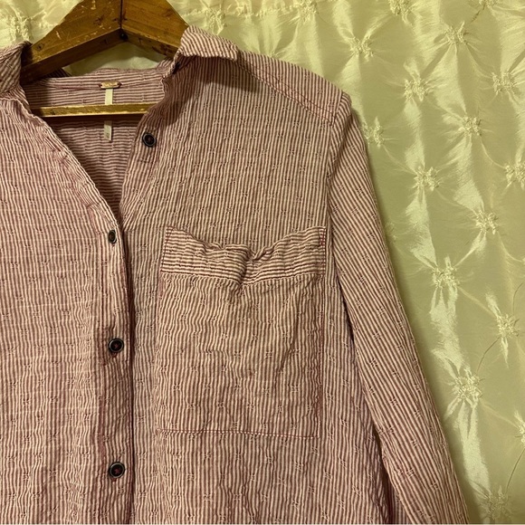 Free People No Limits Striped Split Back Top Red Pink Sangria Combo Button Front - Picture 4 of 12